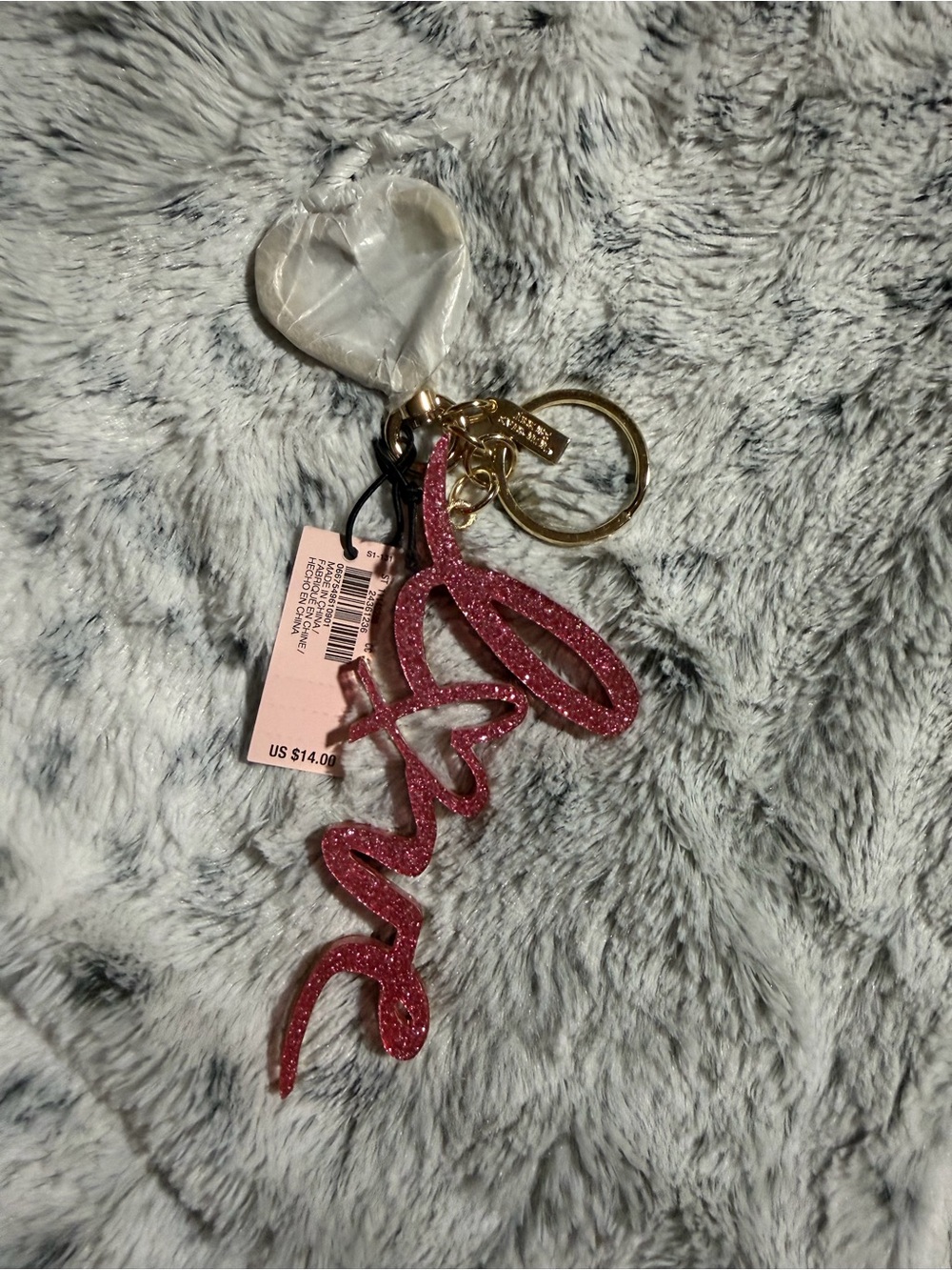 Victoria's Secret Pink Glitter 'Pink' Script Keyring with Gold Hardware